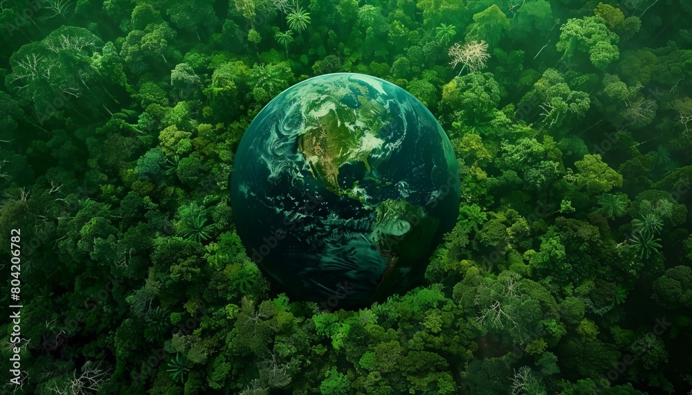 A globe of the earth sits in the middle of a lush green forest.