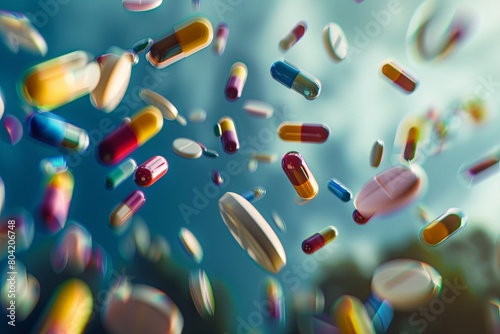 flying, multicolored pharmaceutical pills and capsules,scattered across a surface, representing healthcare and medication diversity 