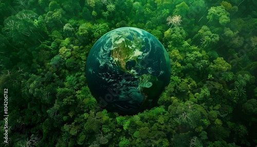 A globe of the earth sits in the middle of a lush green forest.
