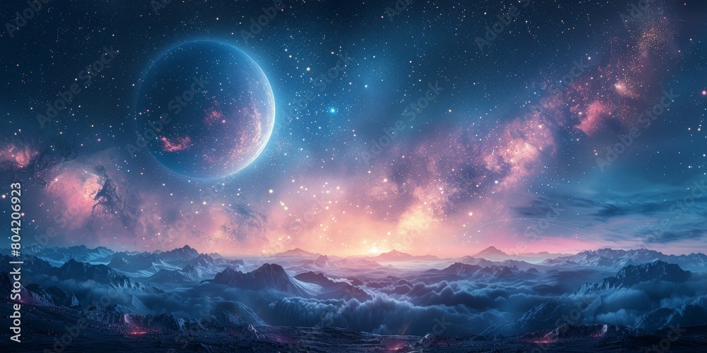 An epic fantasy landscape with a large moon and stars in the sky.