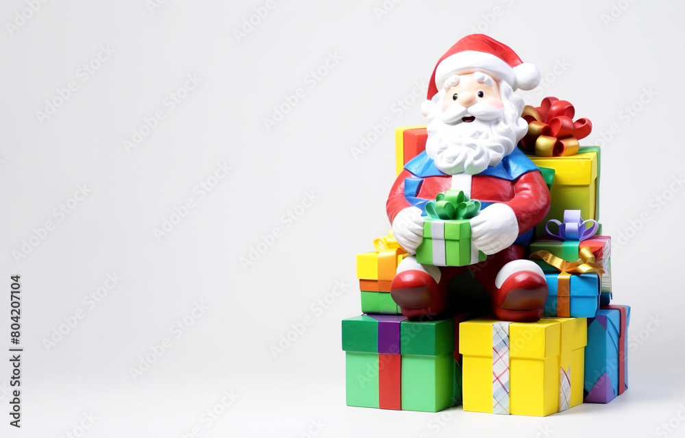 Santa Claus with gift boxes on white background, copy space isolate. AI generated.