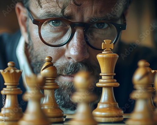 Mature Businessman Intently Analyzing Chess Strategy Mirroring Approach to Business Challenges