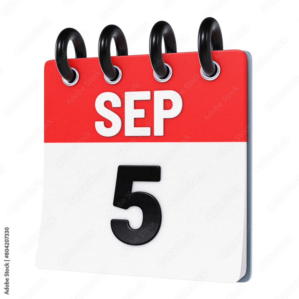 September 5 date displayed on stylized three-dimensional flip calendar icon isolated on transparent background. 3D rendering September 5 date displayed on stylized three-dimensional flip calendar icon isolated on transparent background. 3D rendering