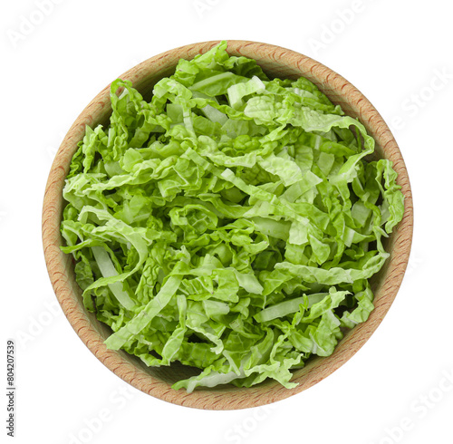 Shredded fresh Chinese cabbage in bowl isolated on white, top view