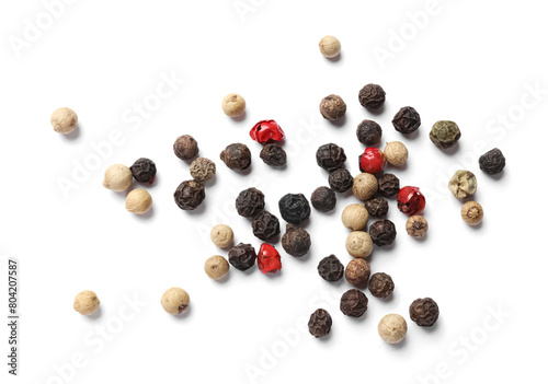 Fototapeta Naklejka Na Ścianę i Meble -  Aromatic spices. Pile of different peppers isolated on white, top view
