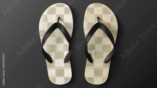 The mockup set includes a set of black and white flip flops isolated on a transparent background. Modern realistic illustration of rubber or textile summer slippers. photo