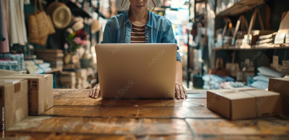A woman working on a laptop at fashion store.