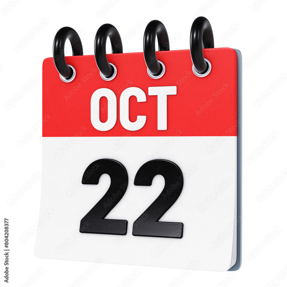 October 22 date displayed on stylized three-dimensional flip calendar icon isolated on transparent background. 3D rendering October 22 date displayed on stylized three-dimensional flip calendar icon isolated on transparent background. 3D rendering