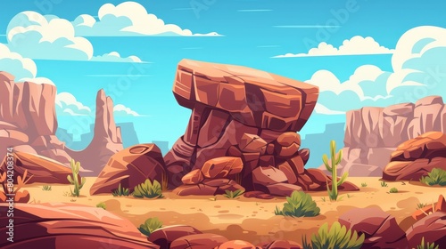 Desert game cartoon landscape with rocks and canyons. USA rocky boulder terrain background illustration. Drought Arizona valley formation with brown sandy environment and stone arc panoramic photo