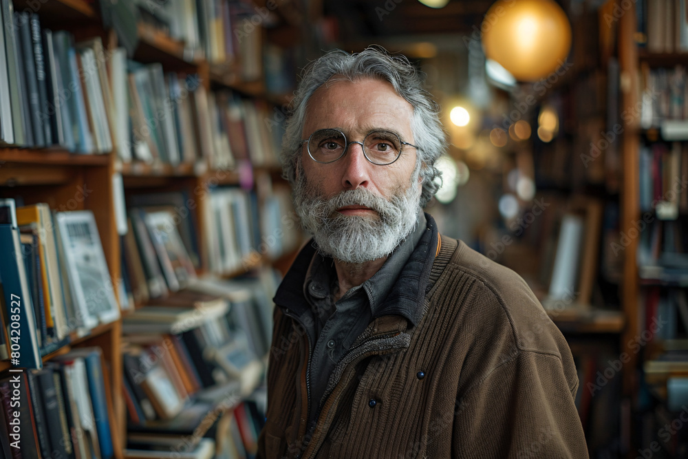Portrait of a senior man standing in a book shop or a library Portrait of a senior man standing in a book shop or a library
