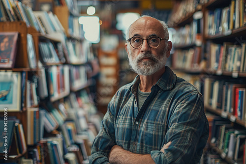 Portrait of a senior man standing in a book shop or a library