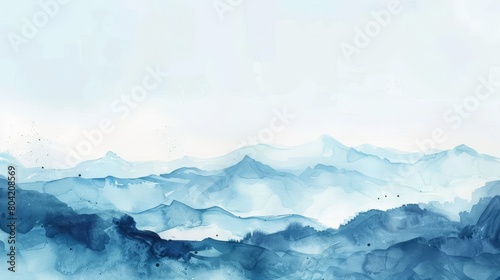This watercolor painting shows a serene mountain vista with a clear blue sky, Clipart minimal watercolor isolated on white background