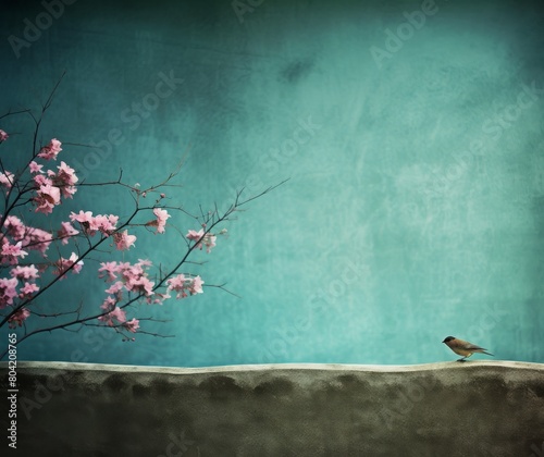 Serene Spring Scene with Cherry Blossoms and Bird on Branch Against Blue Background