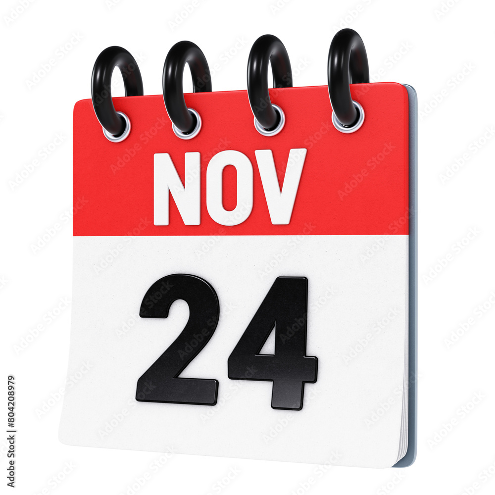 November 24 date displayed on stylized three-dimensional flip calendar icon isolated on transparent background. 3D rendering November 24 date displayed on stylized three-dimensional flip calendar icon isolated on transparent background. 3D rendering