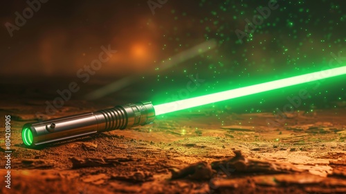 Illuminated green lightsaber on background  photo
