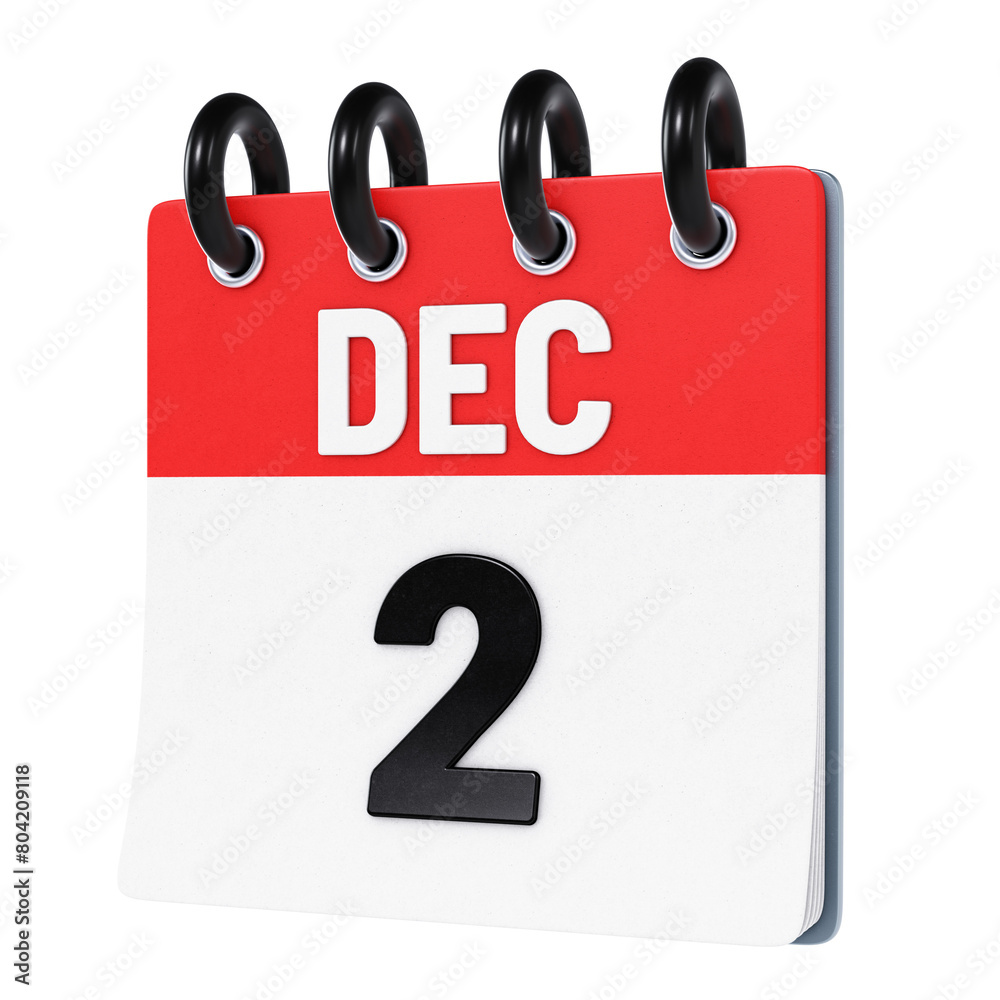 December 2 date displayed on stylized three-dimensional flip calendar icon isolated on transparent background. 3D rendering December 2 date displayed on stylized three-dimensional flip calendar icon isolated on transparent background. 3D rendering