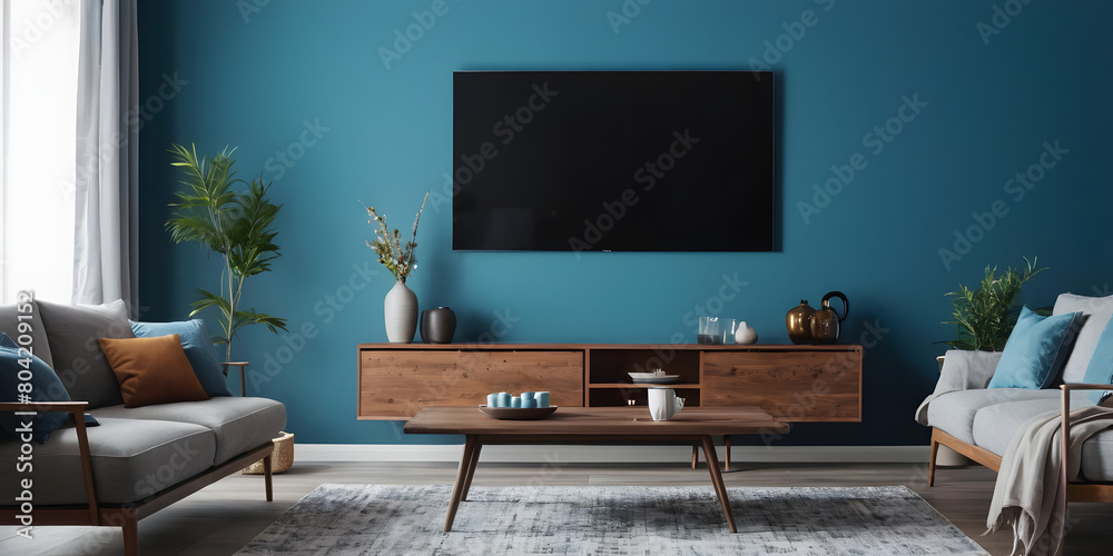Modern interior of living room design and blue wall background