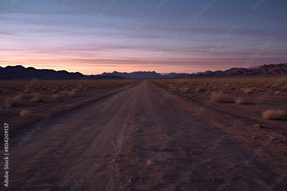 Desert road at dusk with distant city lights on the horizon.