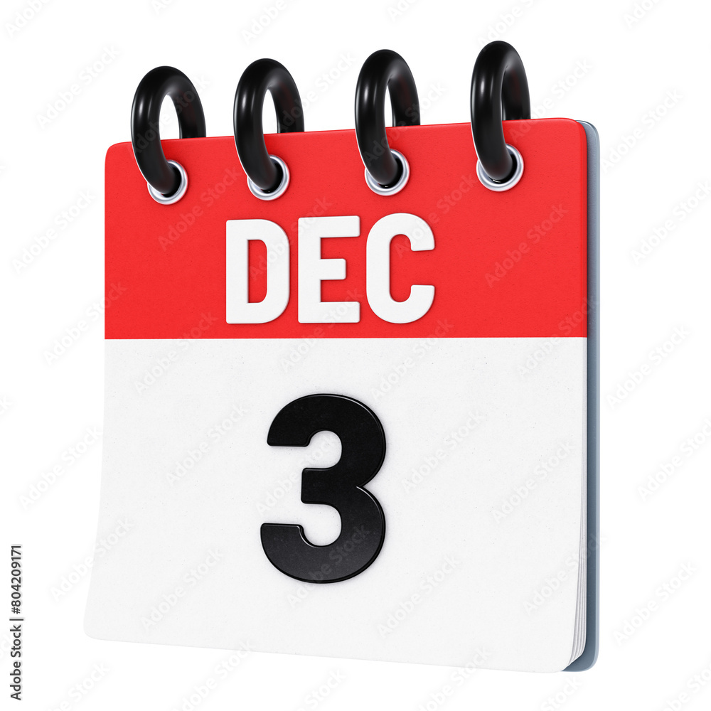 December 3 date displayed on stylized three-dimensional flip calendar icon isolated on transparent background. 3D rendering December 3 date displayed on stylized three-dimensional flip calendar icon isolated on transparent background. 3D rendering