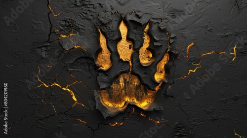 This is a gold lion paw slash scratch with burning rips on a modern halloween surface. This is an illustration of a bear damage mark with a glowing torn wall texture. photo