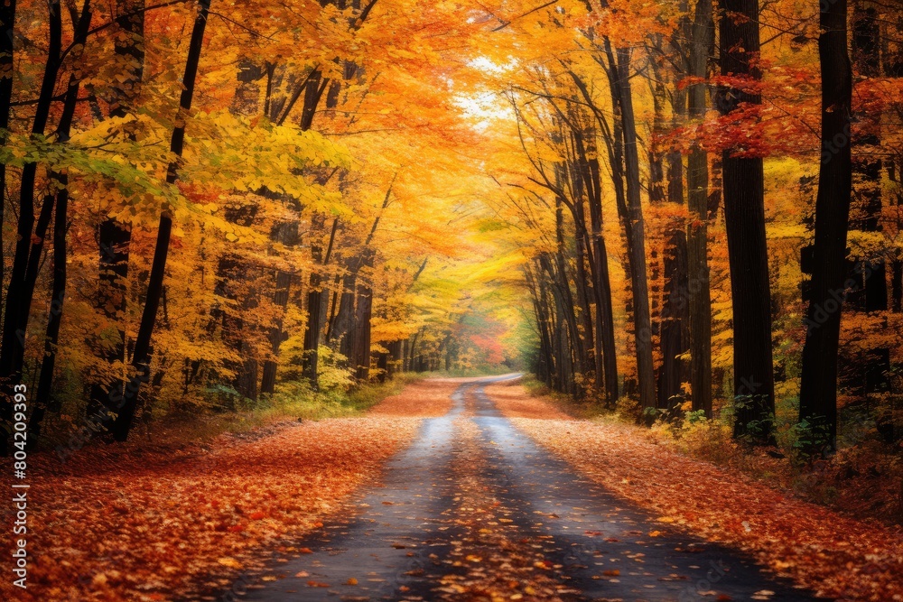 Autumn drive through a forest with colorful leaves falling.