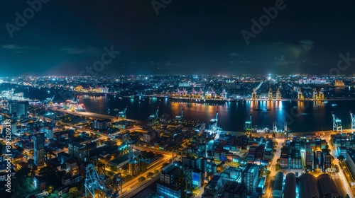 A panoramic vista of a port city at night, with the glittering lights of container ships and waterfront buildings reflecting off the calm waters of the harbor photo
