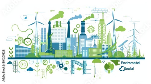 ESG, green energy, sustainable industry, ecological production concept set. "Environmental", "Social", Corporate 'Governance". Vector illustration isolated on white background 