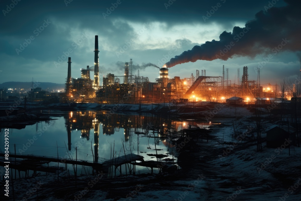 Industrial area with factories and illuminated smokestacks. Industrial area with factories and illuminated smokestacks.