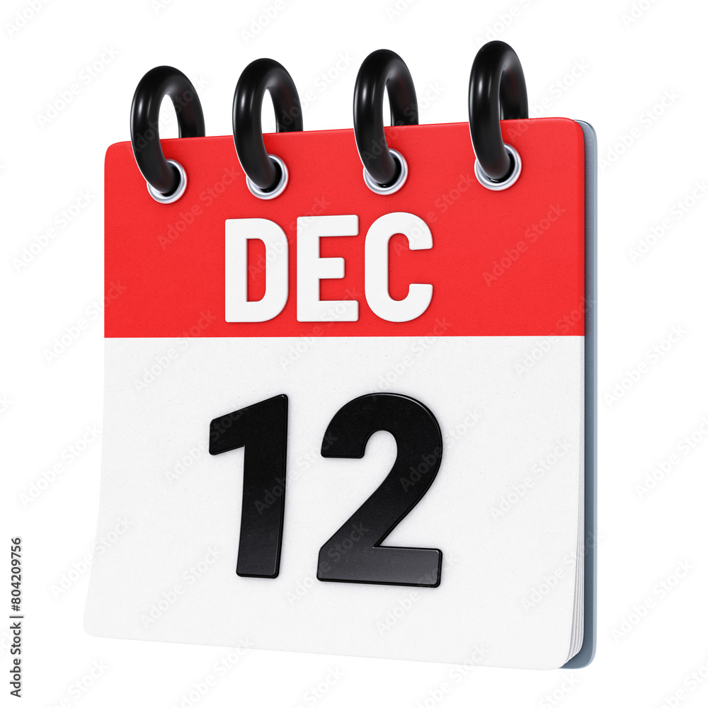 December 12 date displayed on stylized three-dimensional flip calendar icon isolated on transparent background. 3D rendering December 12 date displayed on stylized three-dimensional flip calendar icon isolated on transparent background. 3D rendering