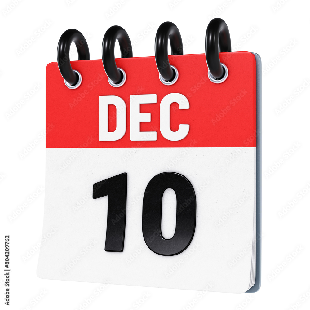 December 10 date displayed on stylized three-dimensional flip calendar icon isolated on transparent background. 3D rendering December 10 date displayed on stylized three-dimensional flip calendar icon isolated on transparent background. 3D rendering
