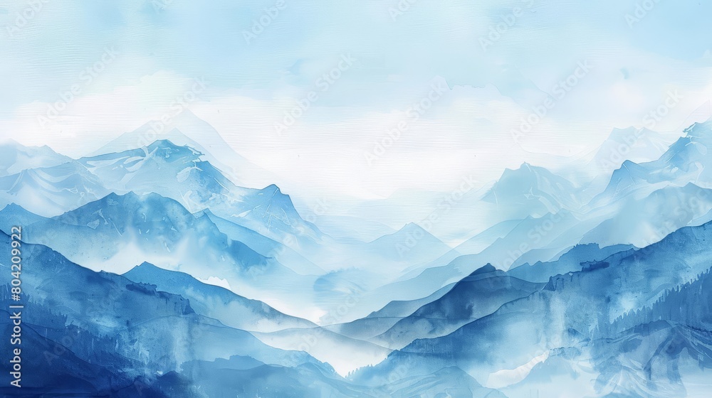 This watercolor painting shows a serene mountain vista with a clear blue sky, Clipart minimal watercolor isolated on white background