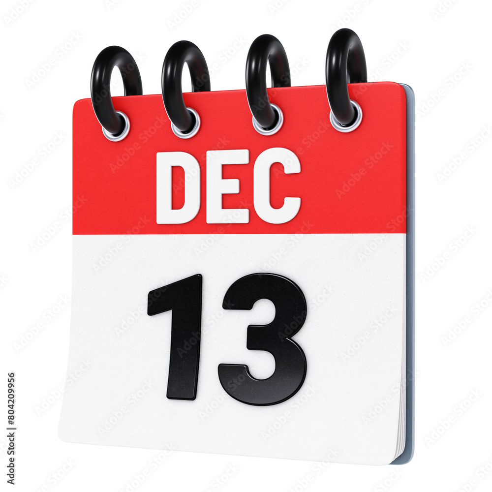 December 13 date displayed on stylized three-dimensional flip calendar icon isolated on transparent background. 3D rendering December 13 date displayed on stylized three-dimensional flip calendar icon isolated on transparent background. 3D rendering