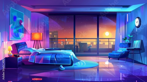 Illustration of a cartoon groovy bedroom at night. Room interior with retro furniture  bed  lamp  laptop  armchair  abstract picture  clock and glass balcony door.
