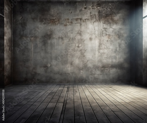 Moody Empty Room with Grunge Concrete Walls and Wooden Floor Interior
