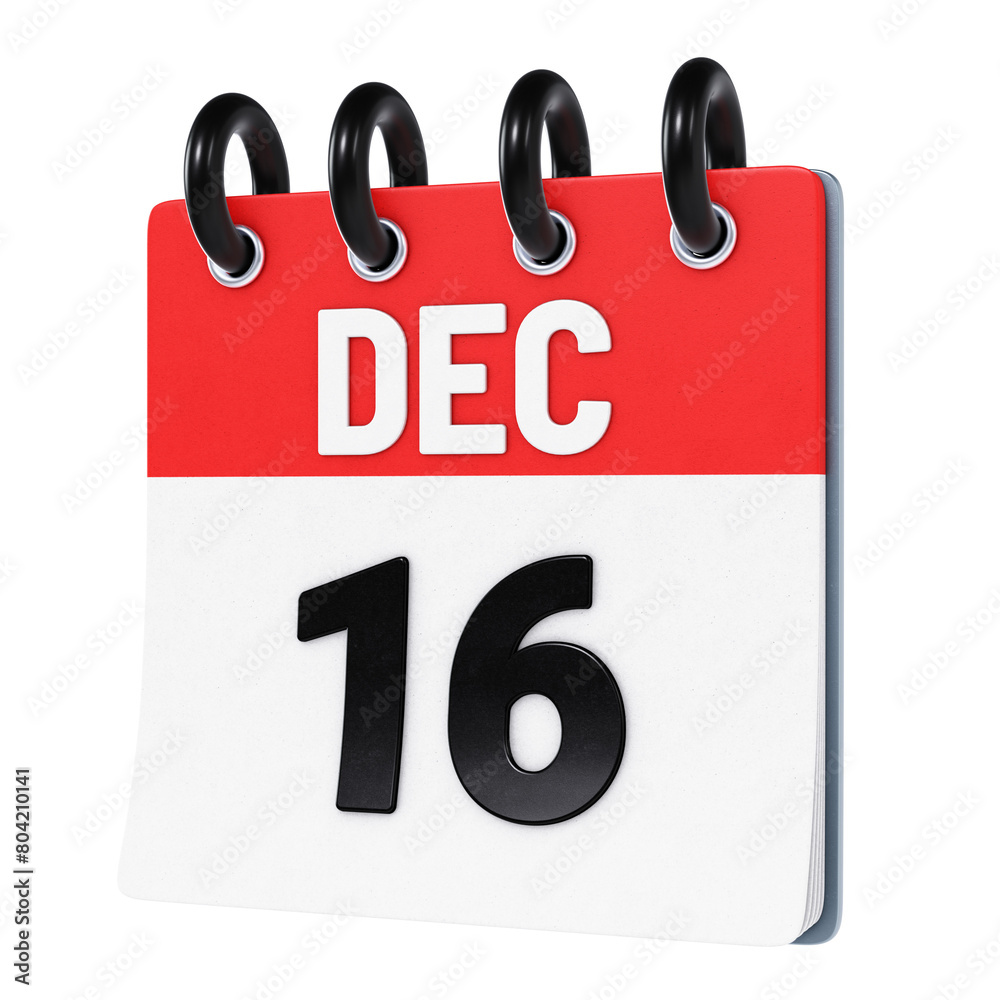 December 16 date displayed on stylized three-dimensional flip calendar icon isolated on transparent background. 3D rendering December 16 date displayed on stylized three-dimensional flip calendar icon isolated on transparent background. 3D rendering