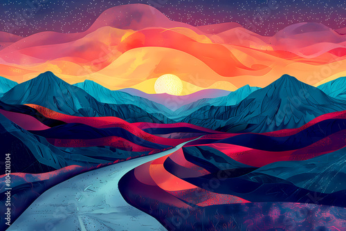 extraordinary road with sunset over the mountains