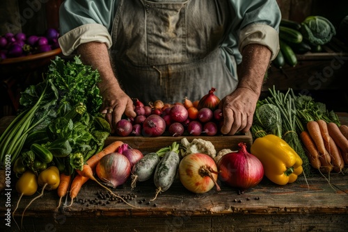 A man stands in front of a table filled with an assortment of vibrant vegetables  arranging them on the wooden display table