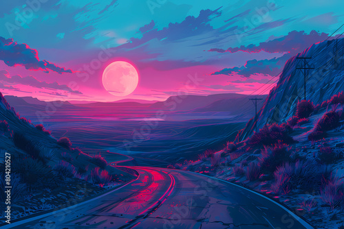 extraordinary road with sunset over the mountains