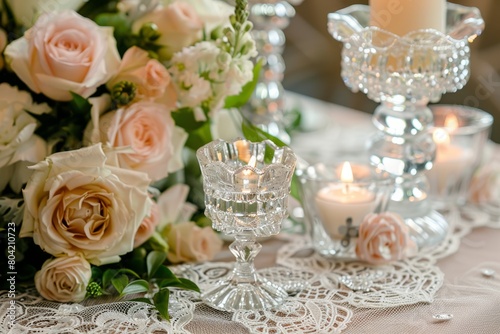 A wedding table adorned with an abundance of white and pink flowers creating an elegant centerpiece © Ilia Nesolenyi