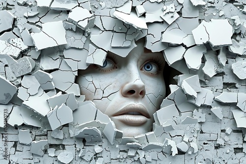 A woman's face is trapped in a gray stone wall