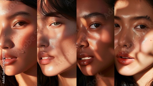 Four women with different hair colors and skin tones are posing for a photo photo