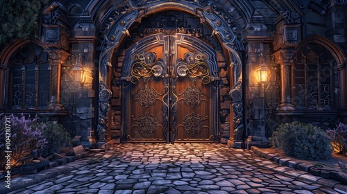 An entrance featuring a large oaken door with intricate ironwork and a cobblestone pathway