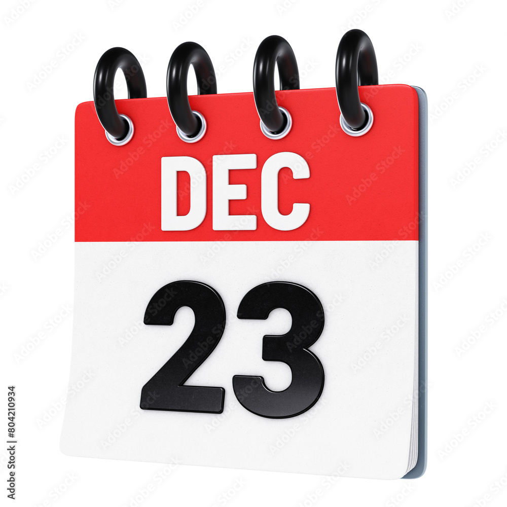 December 23 date displayed on stylized three-dimensional flip calendar icon isolated on transparent background. 3D rendering December 23 date displayed on stylized three-dimensional flip calendar icon isolated on transparent background. 3D rendering