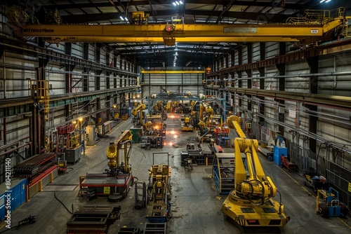 A large warehouse bustling with machinery, including robotic welding assembly lines, in a commercial setting