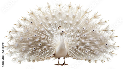 Beautiful white peacock spread his tail feathers. isolated on Transparent background.