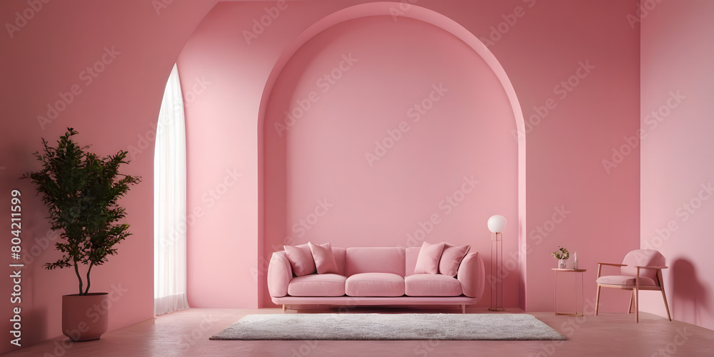 Living room and pink pastel arch wall texture background, empty interior design, mock up room, furniture decor Living room and pink pastel arch wall texture background, empty interior design, mock up room, furniture decor