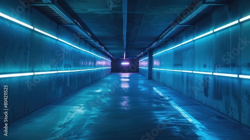 empty underground parking lot with neon lights