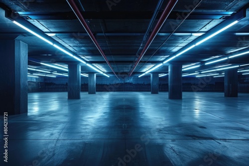 empty underground parking lot with neon lights photo