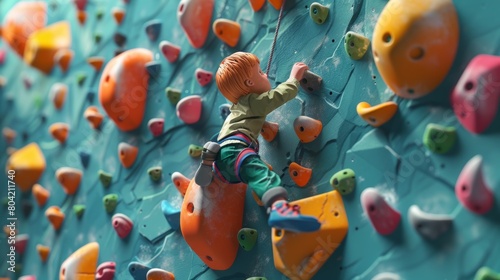 little kid do extreme sport named wall climbing. 3d cartoon photo