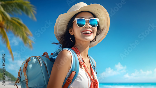 Happy young tourist woman wearing hat, sunglasses and backpacks going to travel on holidays on blue sky background